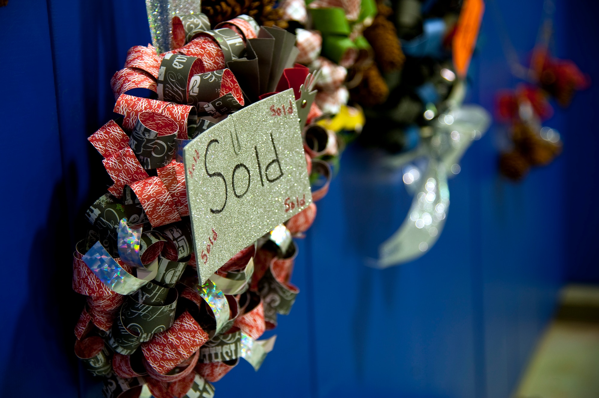 A wreath made by the children of the youth center is on display during the youth center’s Thanksgiving celebration on Hurlburt Field, Fla., Nov. 21, 2013. Crafts made by the youth center’s children were sold for donations toward creating care packages for deployed Airmen. (U.S. Air Force photo/Senior Airman Michelle Vickers) 