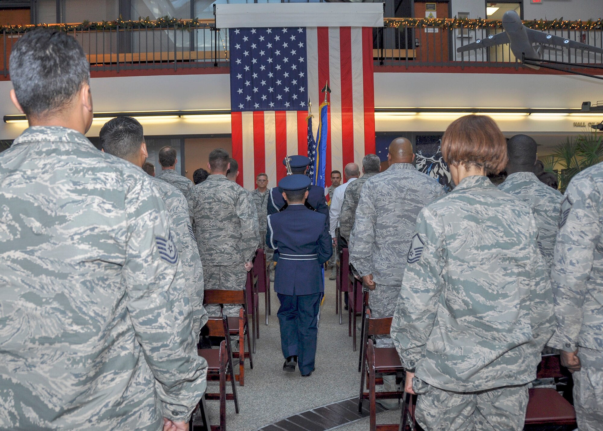 TRAVIS AIR FORCE BASE, Calif. -- Col. Jeff Pickard, 349th Maintenance Group commander, and Maj. Carlton Thompson Jr., 349th Maintenance Operations Flight commander, during an inactivation ceremony Nov. 17, 2013, at Travis Air Force Base, Calif. (U.S. Air Force photo/Tech. Sgt. Rachel Martinez)