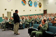 Retired Brig. Gen. Ben T. Robinson, who served as commander of the 552nd Air Control Wing at Tinker AFB from March 2000 – November 2002, addresses current members of the wing during a heritage event on Oct. 28 in the 552nd Operations Group Auditorium. Among those in attendance were Col. John Cooper, 552nd OG commander, third from left, and Col. Jay Bickley, current 552nd ACW commander, right. (Air Force photo by Darren D. Heusel)