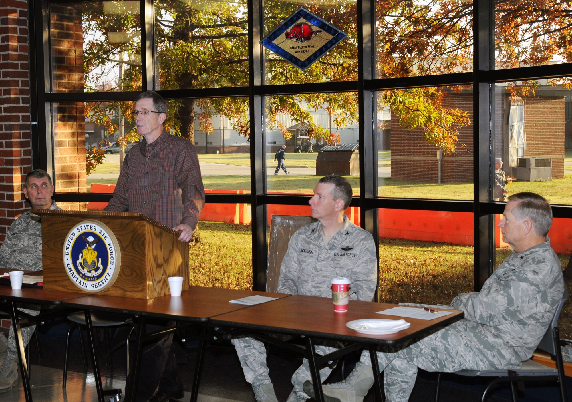 Former Arkansas Razorback All-American tailback Dr. Bill Burnett speaks to a gathering at the 188th Fighter Wing’s Citizen Airmen Dining Hall Nov. 3. Burnett was the keynote speaker at the 188th’s prayer breakfast hosted by the wing’s chaplain office. Burnett set the Arkansas school record for scoring from 1968-70 with 294 points. (U.S. Air National Guard photo by 1st Lt. Holli Nelson/188th Fighter Wing Public Affairs)