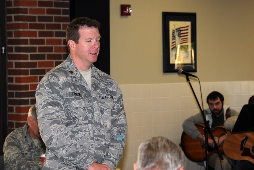 Lt. Col. Herb Hodde, 188th Fighter Wing chaplain, leads a gathering in prayer during a prayer breakfast at the 188th Fighter Wing’s Citizen Airmen Dining Hall Nov. 3. (U.S. Air National Guard photo by 1st Lt. Holli Nelson/188th Fighter Wing Public Affairs)