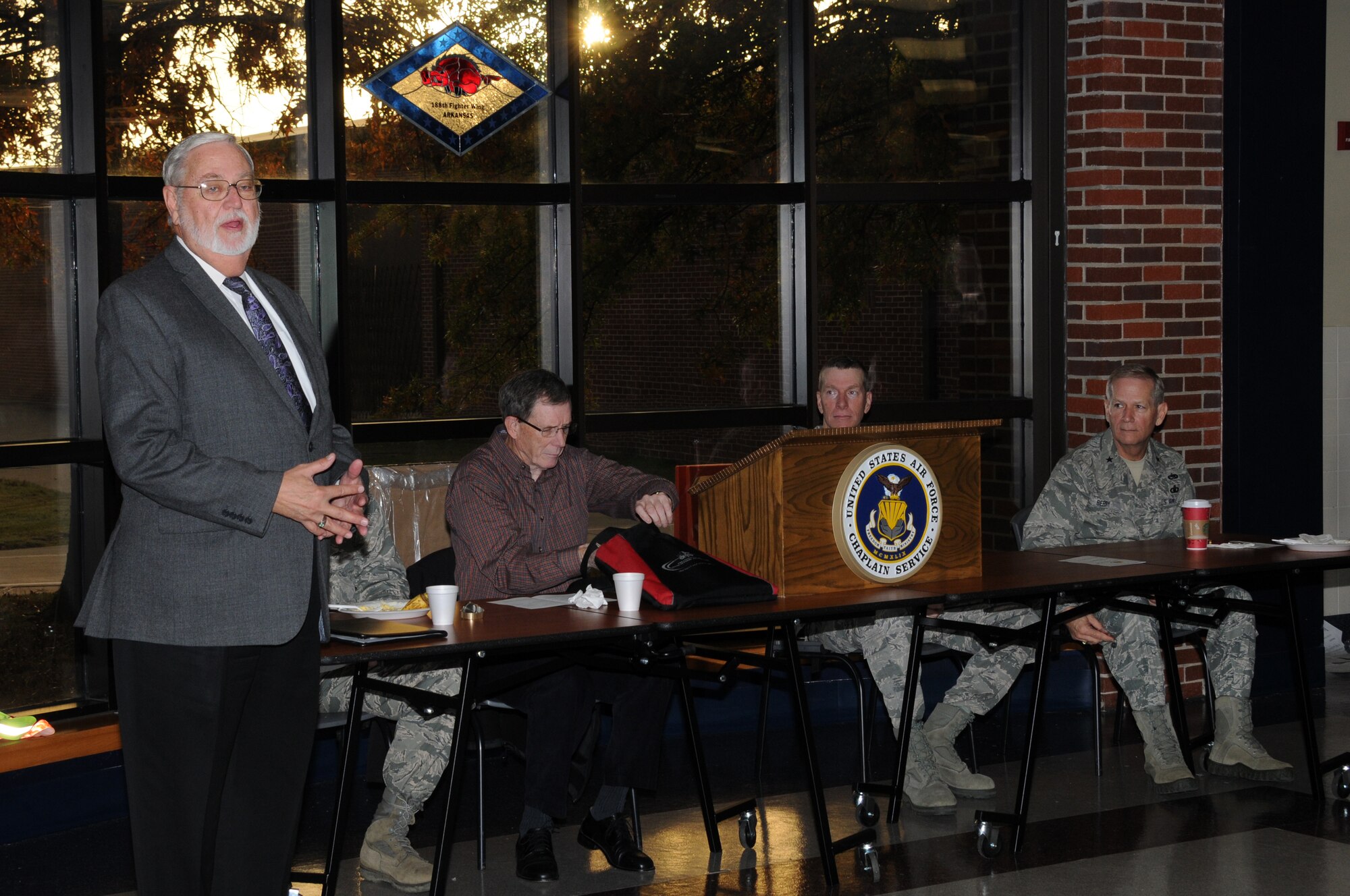 Sandy Sanders, Fort Smith, Ark., mayor, speaks to a gathering at the 188th Fighter Wing’s Citizen Airmen Dining Hall Nov. 3. Sanders attended the 188th’s prayer breakfast hosted by the wing’s chaplain office. (U.S. Air National Guard photo by 1st Lt. Holli Nelson/188th Fighter Wing Public Affairs)