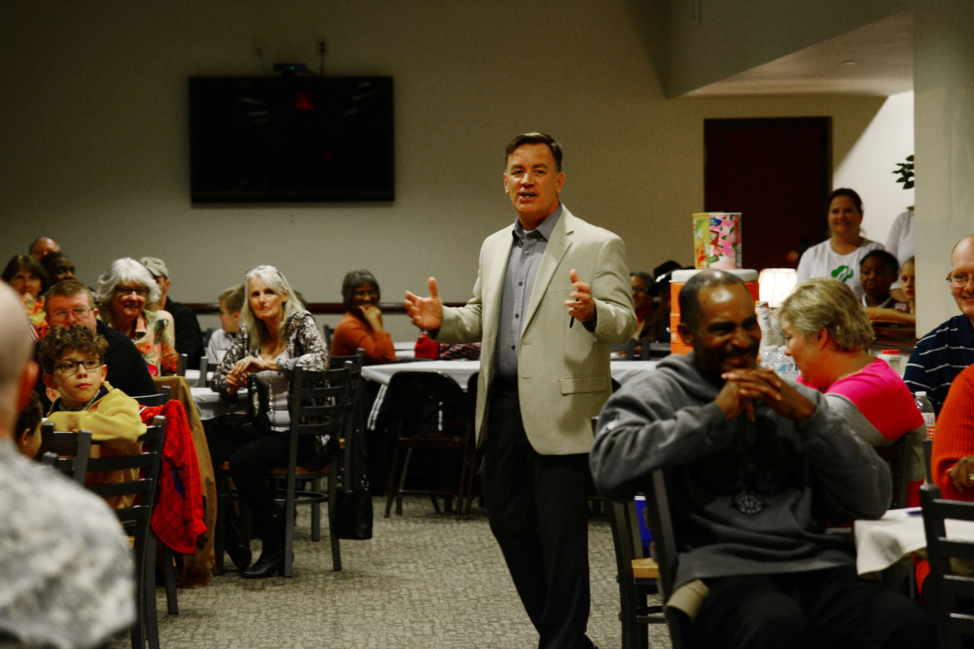 U.S. Army Col. William Galbraith, 733rd Mission Support Group commander, provides opening remarks during the third annual “Thanks for Giving” potluck social at the 733rd MSG headquarters at Fort Eustis, Va., Nov. 21, 2013. The event, hosted by the Fort Eustis Army Support Activity Survivor Outreach Services, provided an interactive alternative to counseling sessions for families of fallen Service members. (U.S. Air Force photo by Staff Sgt. Ashley Hawkins/Released)