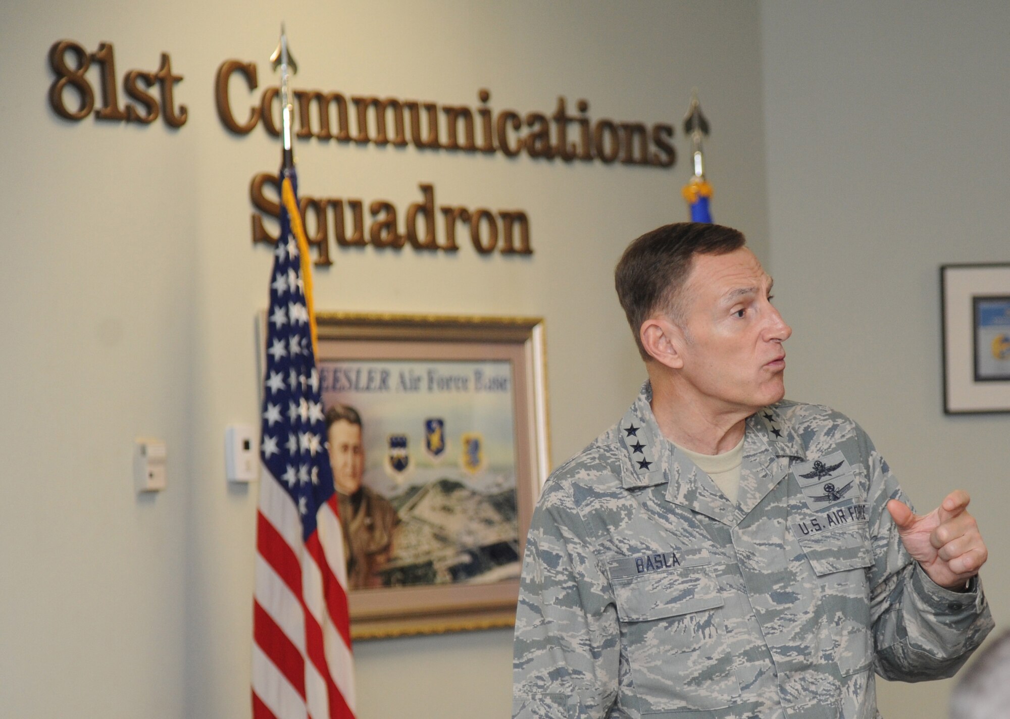 Lt. Gen. Michael Basla, Chief, Information Dominance and Chief Information Officer, Office of the Secretary of the Air Force, the Pentagon, Washington, D.C., speaks to members of the 81st Communications Squadron Nov. 21, 2013, at Keesler Air Force Base, Miss.  Basla’s two-day visit also included a breakfast with the Armed Forces Communications and Electronics Association Gulf Coast Chapter and tours of the 81st Training Group squadrons and the 333rd Training Squadron.  (U.S. Air Force photo by Kemberly Groue)
