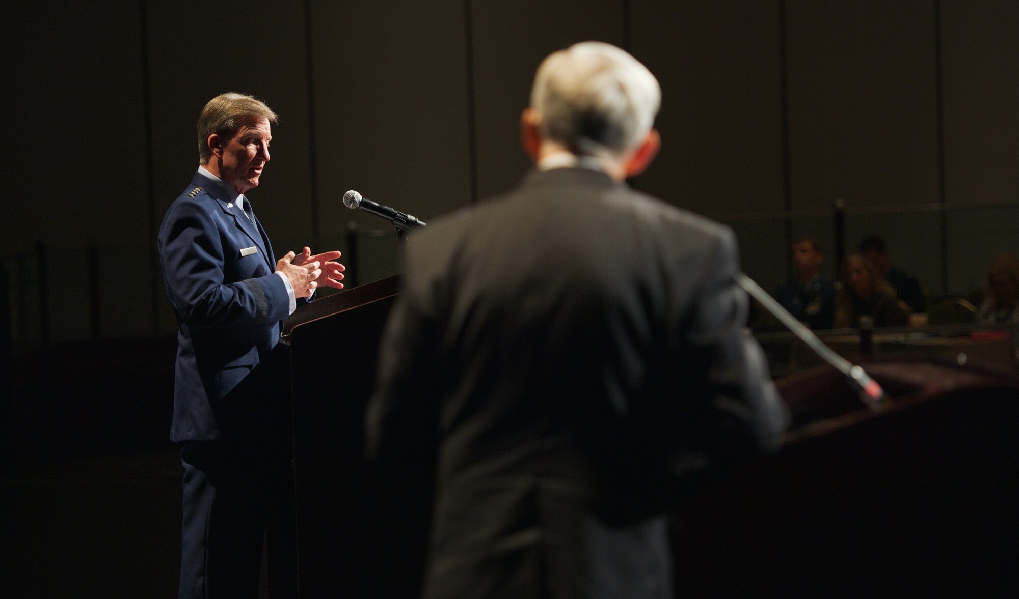 Gen. Hawk Carlisle (left) answers a question to Jerry White Nov. 21, 2013, during the Air Force Association’s 2013 Pacific Air & Space Symposium held in Los Angeles, Calif. Carlisle's remarks focused on the U.S. strategic rebalance of forces and contributions of Airmen in the Asia-Pacific region. Carlisle is the commander of Pacific Air Forces and White is the vice chairman of the board for aerospace education with the AFA. (U.S. Air Force photo/Airman 1st Class Alexander W. Riedel)