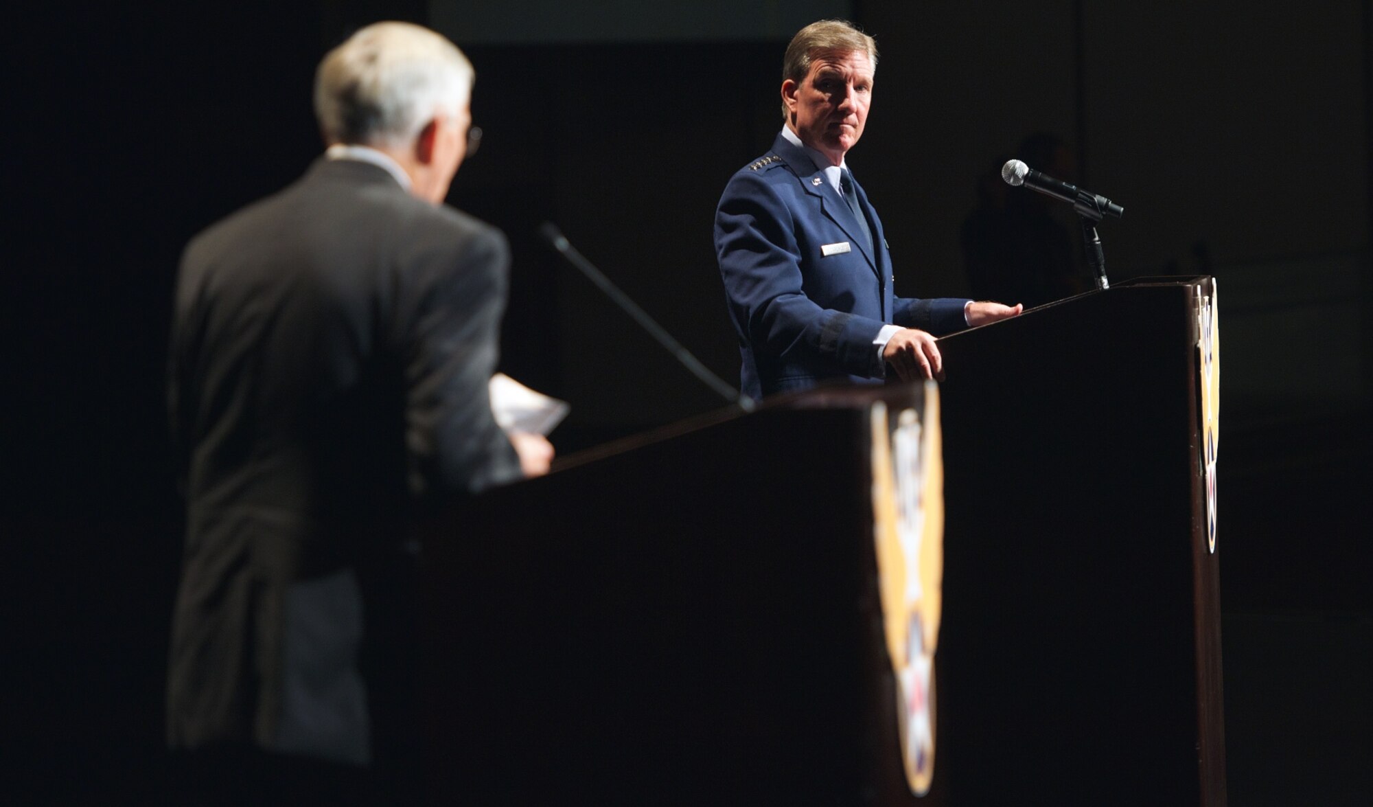 Gen. Hawk Carlisle takes a question from the audience Nov. 21, 2013, during a speech at the Air Force Association’s 2013 Pacific Air & Space Symposium held in Los Angeles, Calif. Carlisle's presentation focused on the U.S. strategic rebalance of forces toward the Asia-Pacific region and increasing importance of the Pacific theater in the defense of the nation. Carlisle is the commander of Pacific Air Forces. (U.S. Air Force photo/Airman 1st Class Alexander W. Riedel)