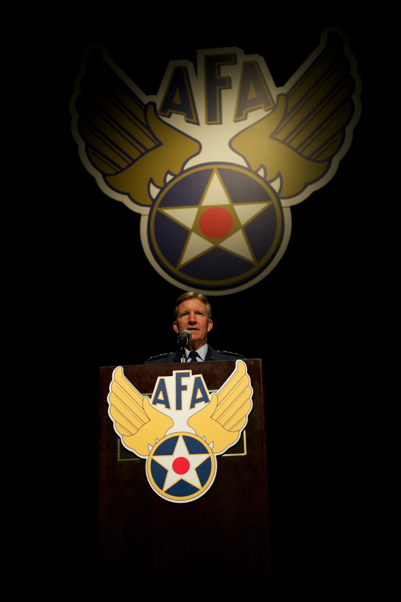 Gen. Hawk Carlisle speaks about the role and accomplishments of Airmen in the Pacific region Nov. 21, 2013, during the Air Force Association’s 2013 Pacific Air & Space Symposium held in Los Angeles, Calif. Carlisle's remarks focused on the U.S. strategic rebalance of forces toward the Asia-Pacific region and increasing importance of the Pacific theater in the defense of the nation. Carlisle is the commander of Pacific Air Forces. (U.S. Air Force photo/Airman 1st Class Alexander W. Riedel)