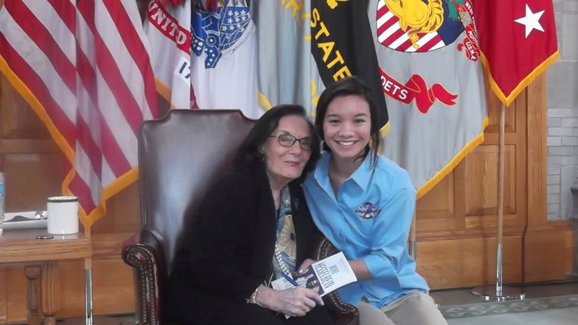 Alamogordo High School Student Jessie Brodeur poses with Ms. Frances Hesselbein, namesake of the Frances Hesselbein Student Leadership Program at West Point Military Academy during the program in West Point, New York from Oct. 28 to Nov. 1, 2013. The program was established by the Military Child Education Coalition in 2006 to identify exemplary young people in the Military Child Education Coalition Student 2 Student Program. Brodeur, the daughter of 4th Space Control Squadron commander Lt. Col. Scott Brodeur, is an honor student at Alamogordo High School. (Photo courtesy of Jessie Brodeur/released)