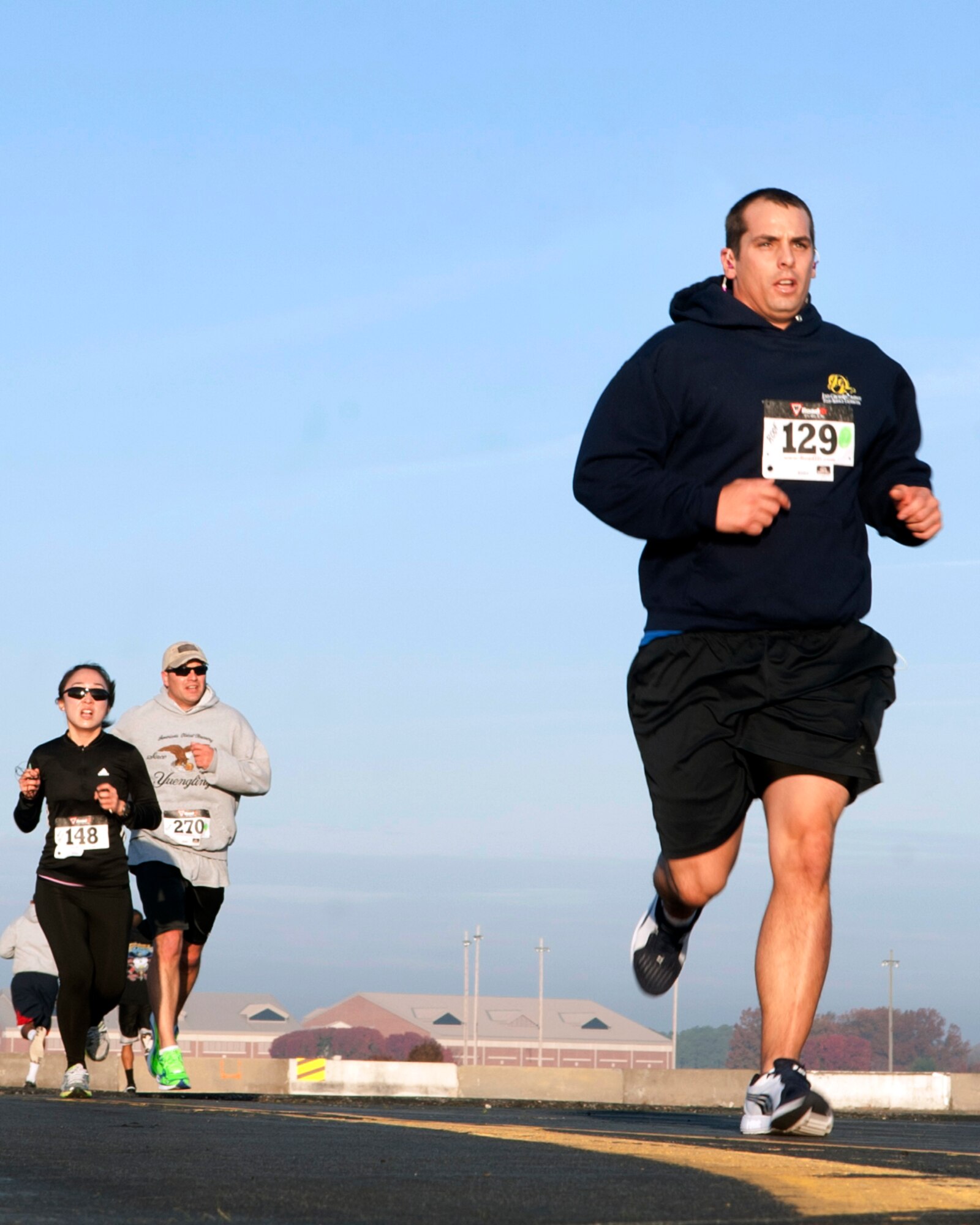 U.S. Air Force Airmen participate in the Langley First Sergeants’ Council 5K “Gobble Wobble” to benefit Operation Warmheart at Langley Air Force Base, Va., Nov. 22, 2013. Operation Warmheart provides assistance to Langley Airmen and their families in need year-round. (U.S. Air Force photo by Airman Areca T. Wilson/Released)