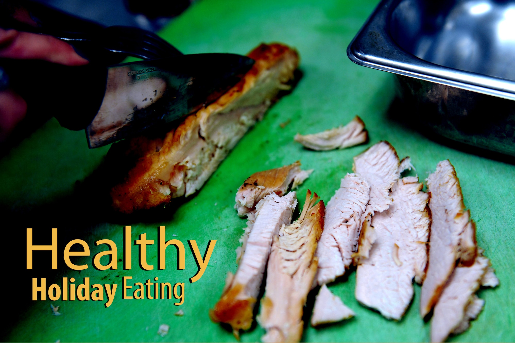 The hustle and bustle of the holidays can cause people to skip meals, which can lead to overindulging. U.S. Air Force Capt. Ann Wilkins, 633rd Medical Group chief of clinical dietetics, advises holiday diners to instead eat a balanced meal or snack every three to four hours, which can improve weight loss and reduce unplanned eating. (U.S. Air Force graphic by Senior Airman Brittany Paerschke-O'Brien/Released)
