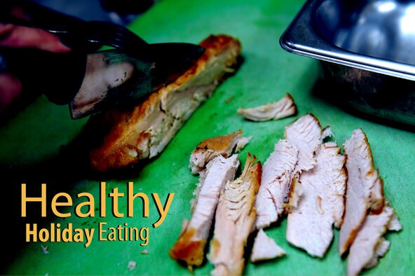 The hustle and bustle of the holidays can cause people to skip meals, which can lead to overindulging. U.S. Air Force Capt. Ann Wilkins, 633rd Medical Group chief of clinical dietetics, advises holiday diners to instead eat a balanced meal or snack every three to four hours, which can improve weight loss and reduce unplanned eating. (U.S. Air Force graphic by Senior Airman Brittany Paerschke-O'Brien/Released)

