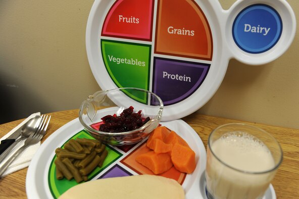The Health and Wellness Center at Langley Air Force Base, Va., offers portion control plates to assist in healthier eating practices. Each meal should include protein, vegetables, fruits and a grain, with each serving approximately the size of a fist. (U.S. Air Force photo by Senior Airman Brittany Paerschke-O'Brien/Released)
