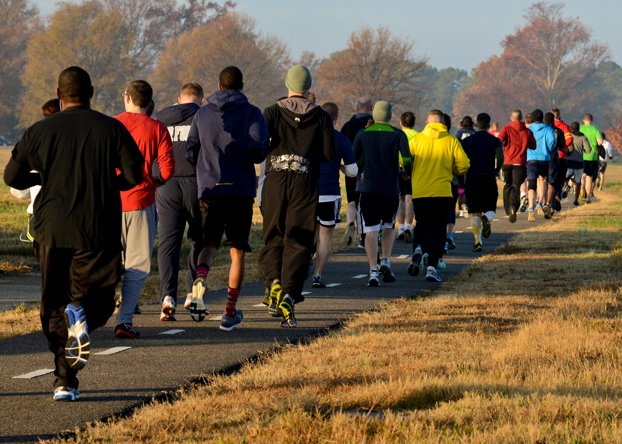 Volunteers run in the “Gobble Wobble” 5K fun run at Langley Air Force Base, Va., Nov. 22, 2013. The proceeds supported Operation Warmheart, a community outreach program led by the Langley First Sergeants Council. (U.S. Air Force photo by Airman 1st Class Victoria H. Taylor/Released)