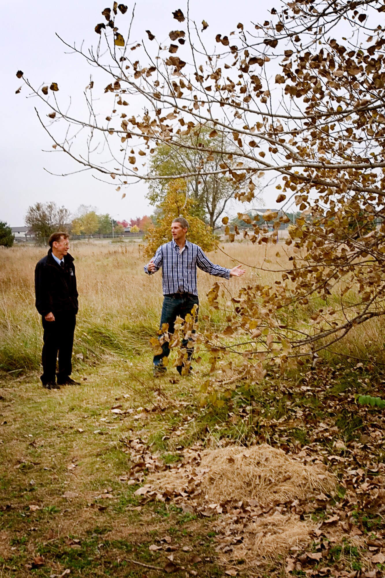 David Hughes, 434th Civil Engineer Squadron base civil engineer, left, and Cory Walters, 434th CES biological scientist, look at a cottonwood tree along one of the new nature trails at Grissom Air Reserve Base, Ind.,  Oct. 30, 2013. The trails were cut to showcase Indiana?s natural habitat while saving ground maintenance expenses. (U.S. Air Force photo/Tech. Sgt. Douglas Hays)