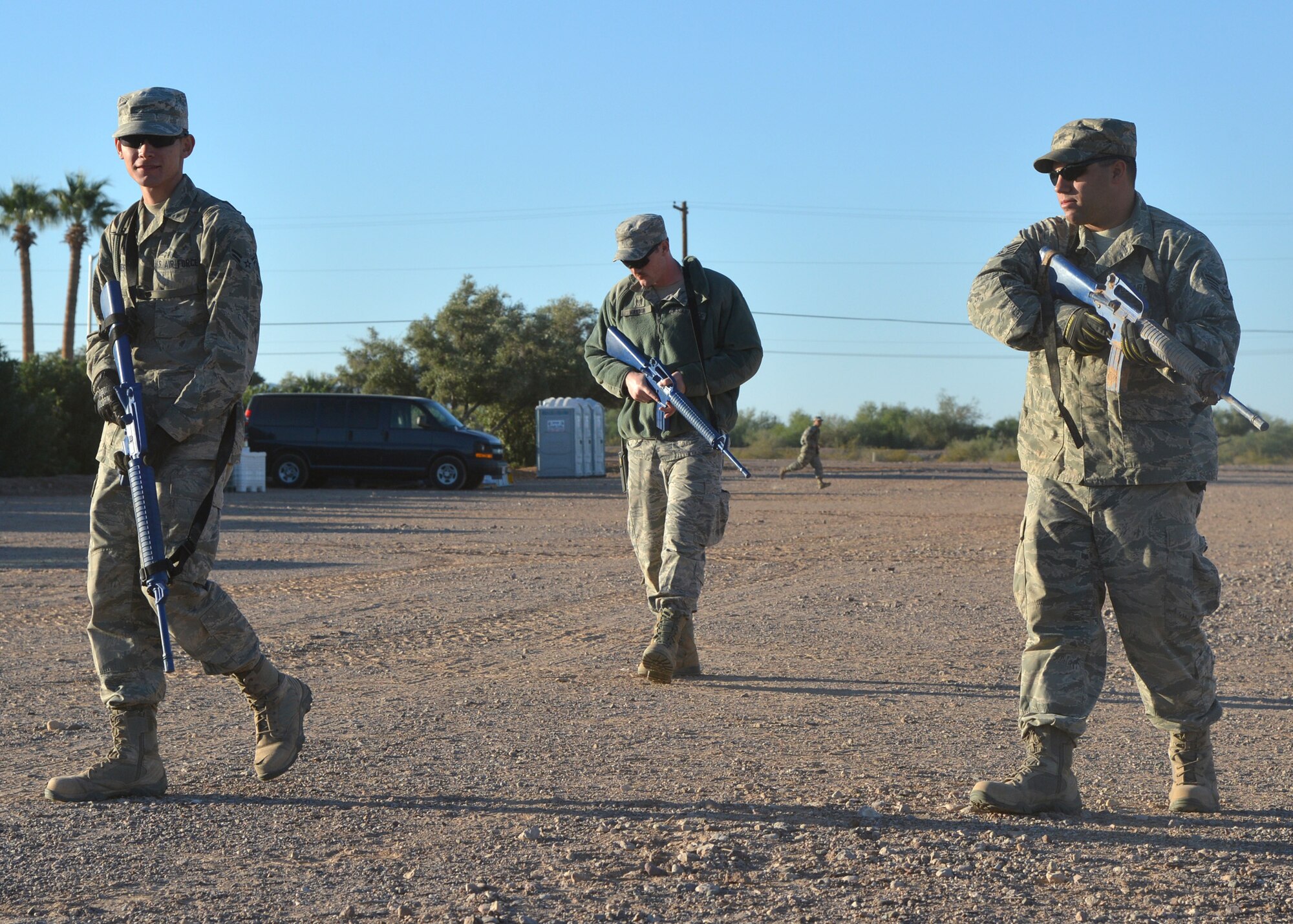 56th Civil Engineer Squadron Airmen patrol the area during bivouac training after a report of a simulated terrorist attack. (U.S. Air Force photo/Airman 1st Class Devante Williams)