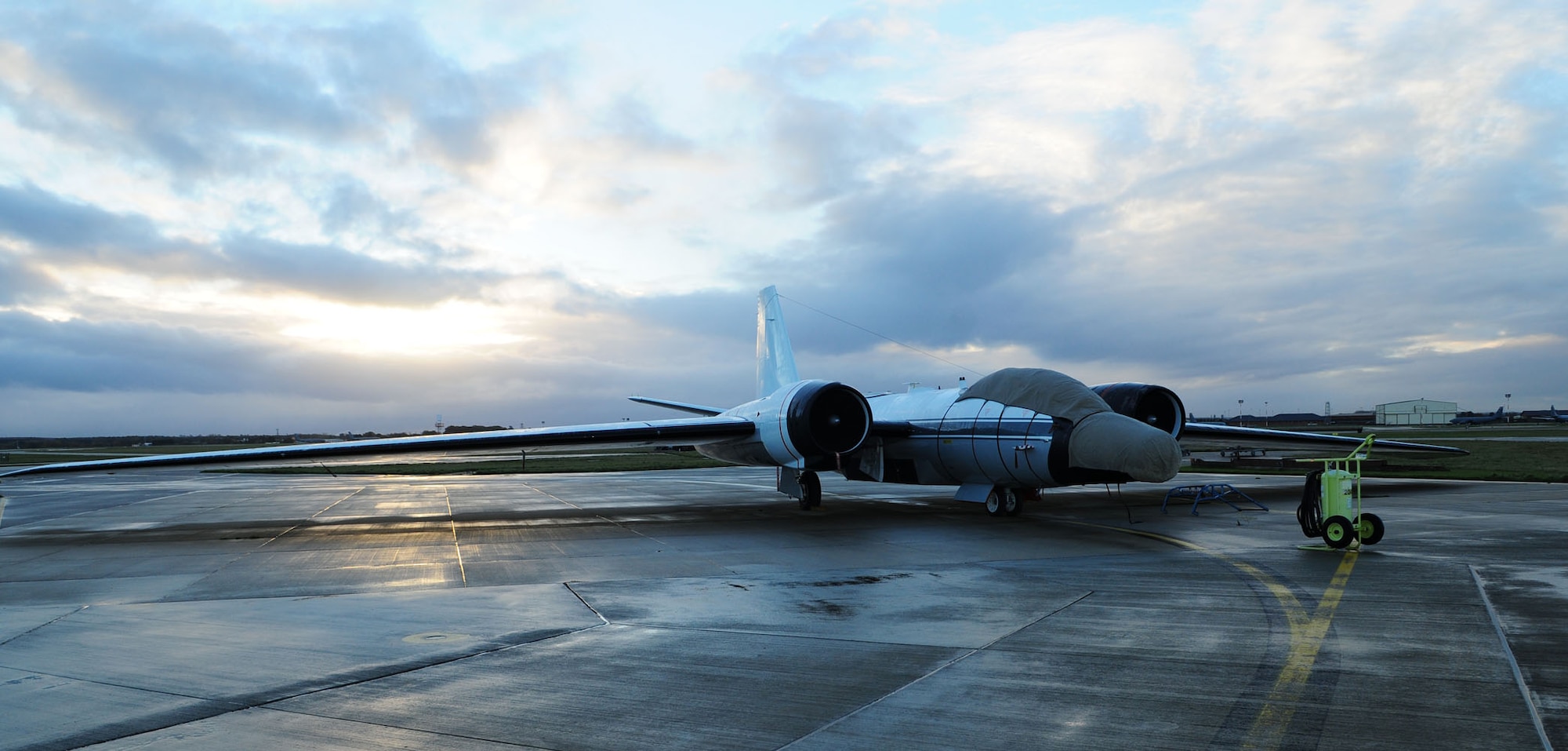 A NASA WB-57F Canberra from NASA Johnson Space Center sits on the tarmac Nov. 22, 2013, on RAF Mildenhall, England. The WB-57 is an all-weather, high-altitude research aircraft on its way to Ellington Field, Houston. The aircraft is a mid-wing, long-range aircraft capable of operation for extended periods of time, from sea level to altitudes in excess of 60,000 feet. (U.S. Air Force photo by Karen Abeyasekere/Released)