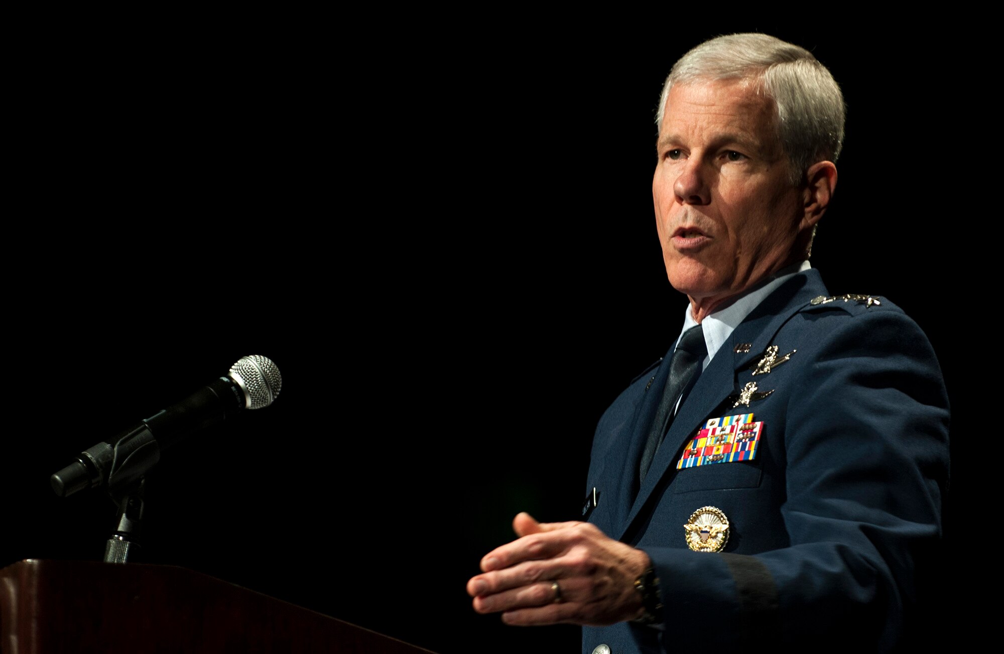 Gen. William L. Shelton addresses Air Force Association members Nov. 21, 2013 during the Pacific Air & Space Symposium in Los Angeles, Calif., Shelton discussed the importance of space and cyberspace operations and the foundational capability they provide to our nation and joint military forces. Shelton is the commander of Air Force Space Command at Peterson Air Force Base, Colo. (U.S. Air Force photo by Staff Sgt. Carlin Leslie/Released)

