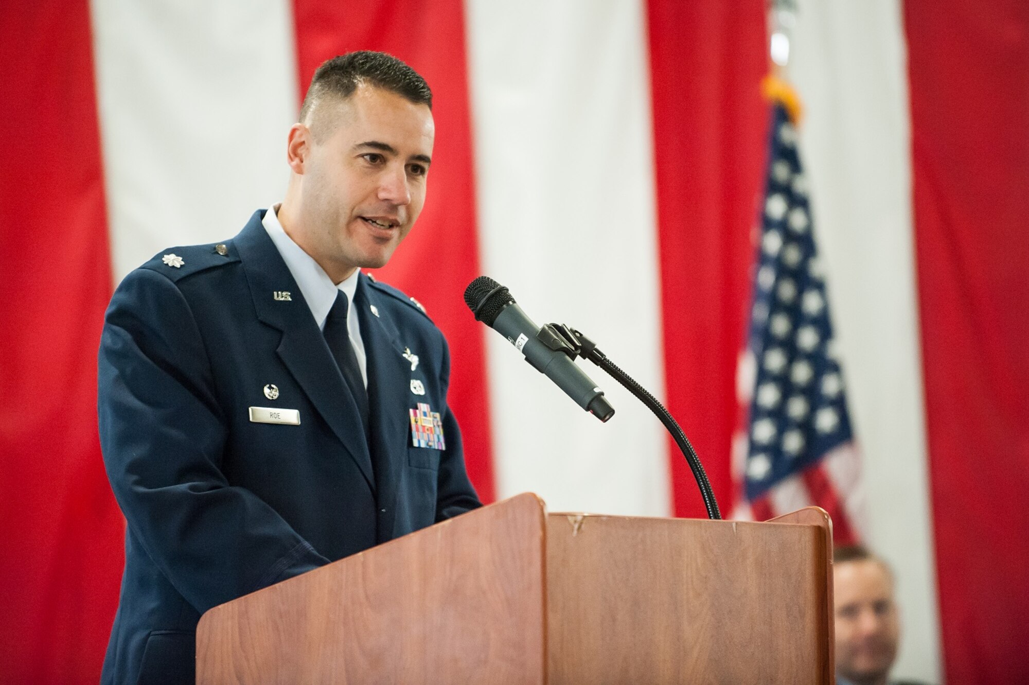 Lt. Col. J. Scott Roe, 32nd Air Refueling Squadron commander, gives remarks at the 32nd ARS change of command ceremony Nov. 15, 2013, at Joint Base McGuire-Dix-Lakehurst, N.J.  Roe assumed command from Lt. Col. Theresa E. Weems. The squadron provides global reach for America by conducting air refueling and airlift in support of fighter, bombardment, reconnaissance and mobility forces. (U.S. Air Force photo by Russ Meseroll/Released)