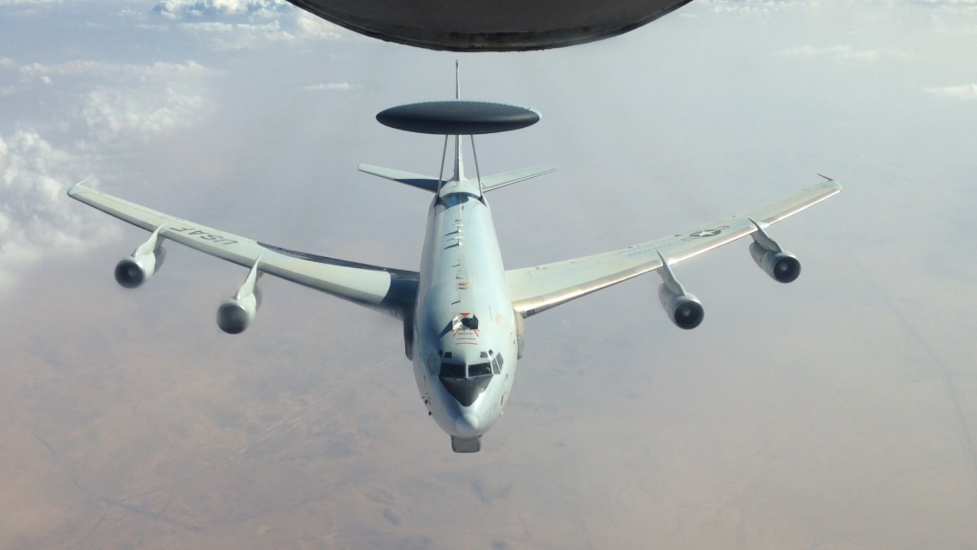An E-3 Sentry airborne warning and control system just after refueling at an undisclosed location in Southwest Asia Nov. 16, 2013. (U.S. Air Force photo by Senior Airman Dan Frost)