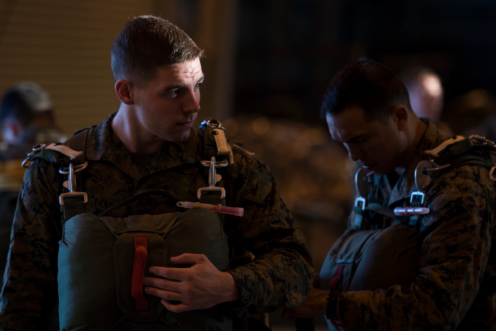 Marines hit with the last remaining beams of light check each other’s gear before a night jump at Yokota Air Base, Japan, Nov. 21, 2013. The Marines, with the 3rd Reconnaissance Battalion, 3rd Marine Division, 3rd Marine Expeditionary Force, were at Yokota to maintain jump currency. (U.S. Air Force photo by Senior Airman Cody H. Ramirez)