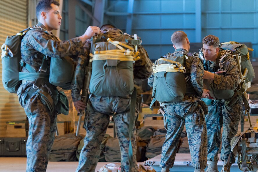 Marines with the 3rd Reconnaissance Battalion, 3rd Marine Division, III Marine Expeditionary Force, fasten and check their parachute at Yokota Air Base, Japan, Nov. 21, 2013. The training not only allowed the marines to practice jumping, but it also allowed the Yokota aircrews to practice flight tactics and timed-package drops. (U.S. Air Force photo by Osakabe Yasuo/Released)