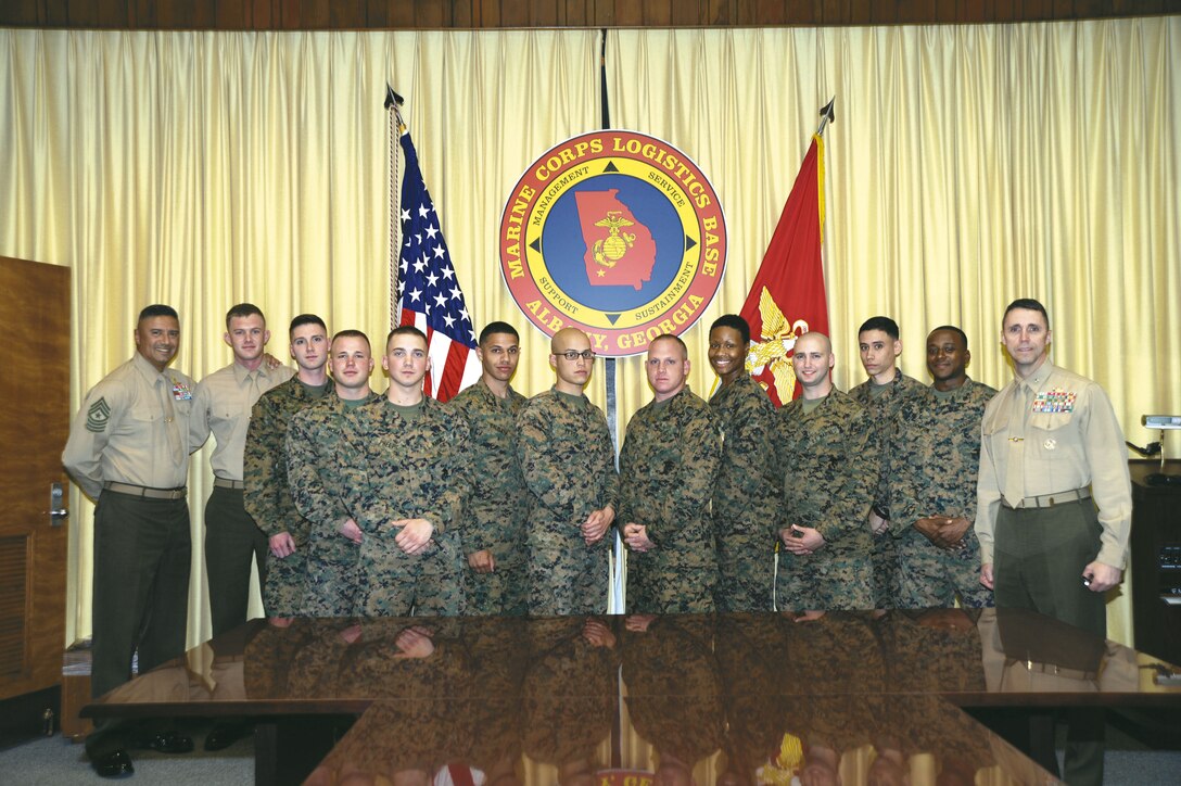 Brig. Gen. Robert F. Castellvi, commanding general, Marine Corps Installations, East/Commander, Marine Corps Base Camp Lejeune, N.C., recognizes Marine Corps Logistics Base Albany’s Energy Team Tuesday for its achievements.