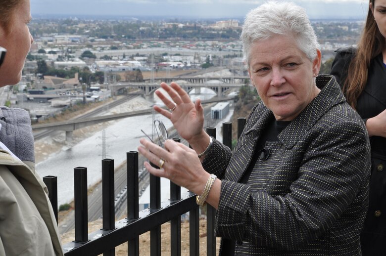 EPA Administrator Gina McCarthy discusses Los Angeles River revitalization efforts during a site visit with Corps officials Nov. 21. The EPA chief was in Los Angeles for a first-hand view of the river and planned restoration and ongoing cleanup efforts.