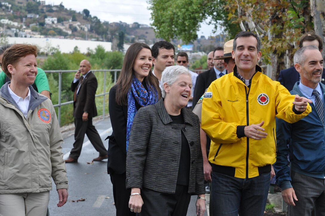 South Pacific Division Regional Business Director Traci Clever, EPA Administrator Gina McCarthy and Los Angeles Mayor Eric Garcetti tour the Los Angeles River via a bike path adjacent to Marsh Park Nov. 21. The EPA chief was in Los Angeles to view river revitalization and ongoing cleanup efforts.
