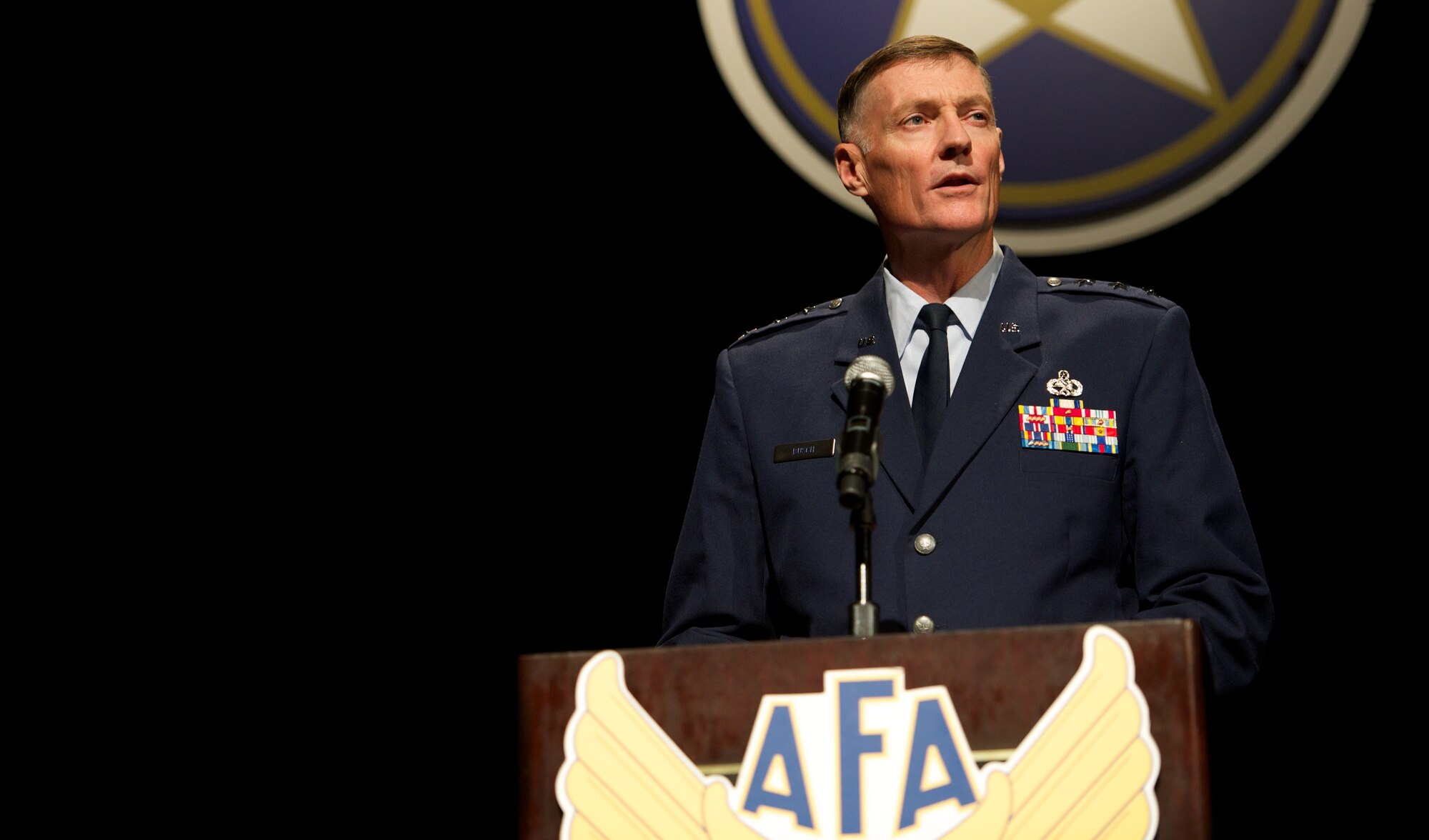 Lt. Gen. Andrew Bush delivers his perspective on recent structural changes within Air Force Materiel Command Nov. 22, 2013, at the Air Force Association’s Pacific Air & Space Symposium in Los Angeles, Calif. Bush outlined the impacts of budgetary constraints and sequestration on a largely civilian-supported command and highlighted progress despite fiscal challenges. Bush is the vice commander of AFMC.