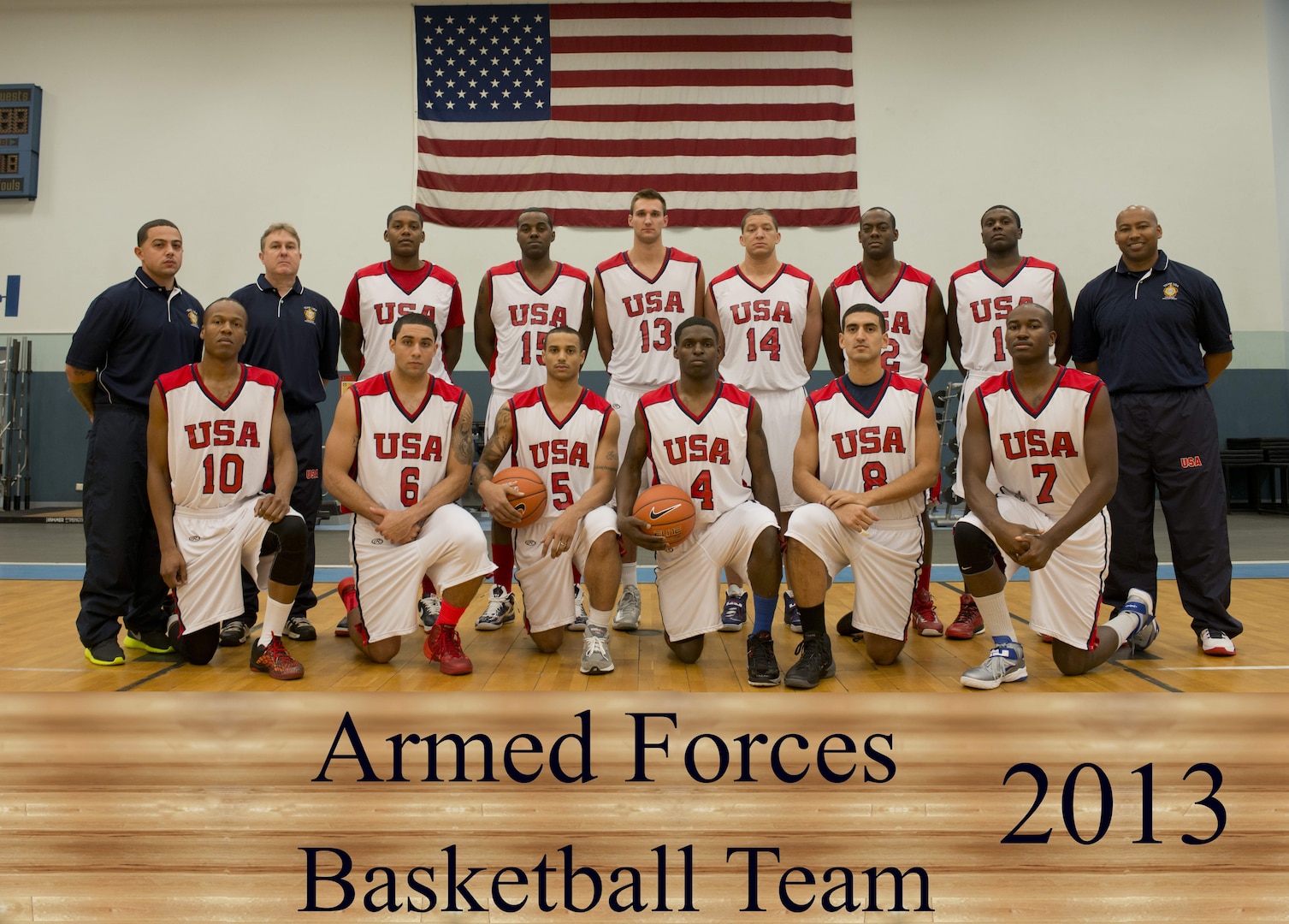 2013 Armed Forces Basketball Team Official Team Photo
From Left to Right:
Front Row:
10 PO2 Chris Carter USN Fort Sam Houston, TX
6 ENS Jordan Sugars USN San Diego, CA
5 FN Marquel DeLancey USCG Cape May, NJ
4 PO3 Dennis Murphy USN Norfolk, VA
8 LTJG Romeo Garcia USN Norfolk, VA
7 2LT Mike Lyons USAF USAFA, CO 

Back Row:
TSgt Ricardo Bachelor USAF Homestead, FL
CIV Eddie Goad USAF Robins AFB, GA
9 SN Christopher Linton USCG Alexandria, VA
15 PO2 Jason Jefferson USN Norfolk, VA
13 2LT Taylor Broekhuis USAF LA AFB, CA
14 LT Calvin White USN Williamsburg, VA
12 A1C Brandon Gordon USAF Edwards AFB, CA
11 SrA Caleb Chandler USAF Los Angeles, CA
LT Micah Bonner USCG MSD Peoria, IL