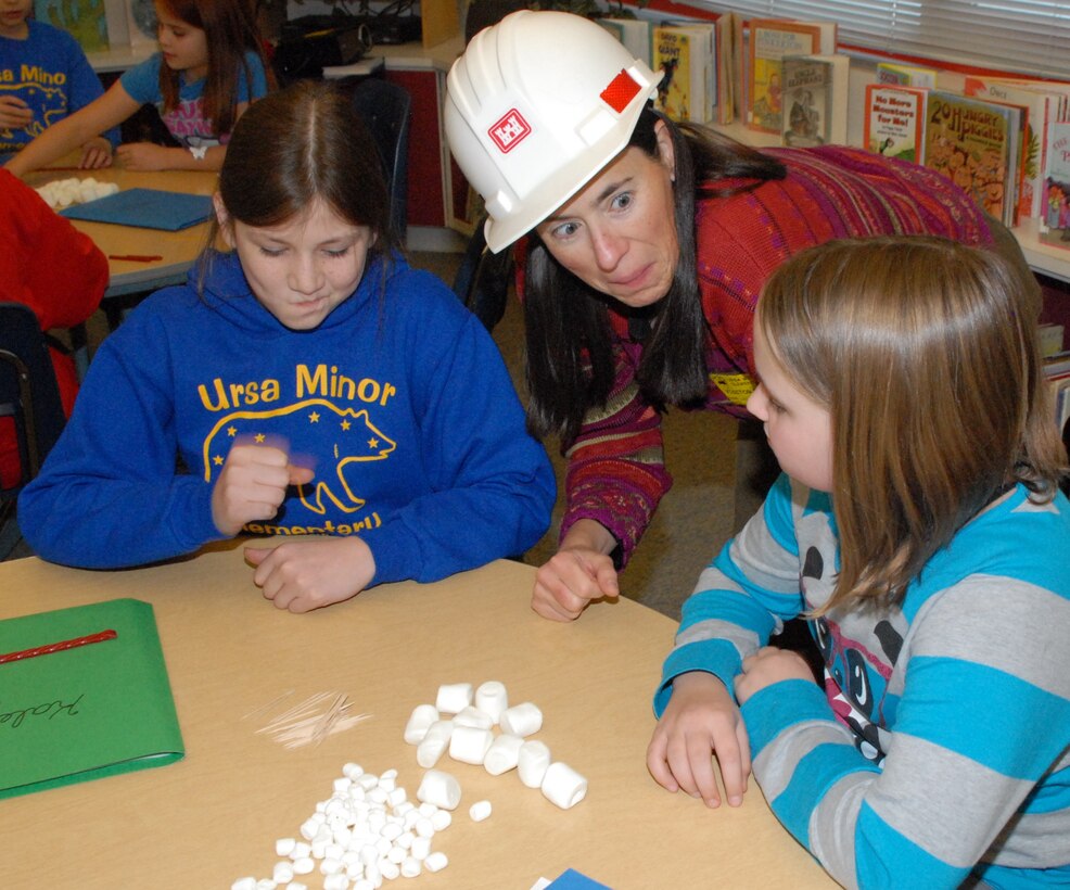 Maj. Mark DeRocchi, deputy commander of the Alaska District, and a few other Corps employees visited with students of Mount Spurr, Ursa Major and Ursa Minor Elementary schools during the week of Nov.18-22 to encourage their studies in science, technology, engineering and mathematics, also known as STEM. Students learned about the U.S. Army Corps of Engineers, the roles of its different divisions and the Corps’ contribution to their community. Using toothpicks and marshmallows, the children got to build their own bridge and test its strength using toy cars with a time limit of 10 minutes. 