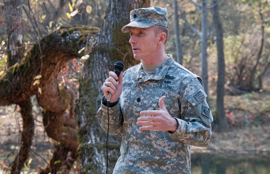 San Francisco District Commander Lt. Col. John Baker gives opening remarks prior to inviting participants to help release 1,000 juvenile Coho salmon at the “Reach 15” section of the Dry Creek fish restoration and enhancement area Nov. 22.