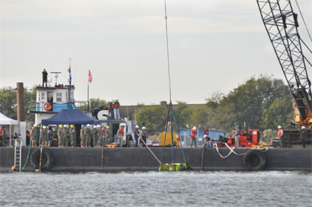 Archeologists working for the U.S. Army Corps of Engineers, Savannah District, aided by divers and salvage operations teams from the U.S. Navy, retrieved a 64-square foot section of a Civil War ironclad warship from the bottom of the Savannah River the evening of Nov. 12. 
