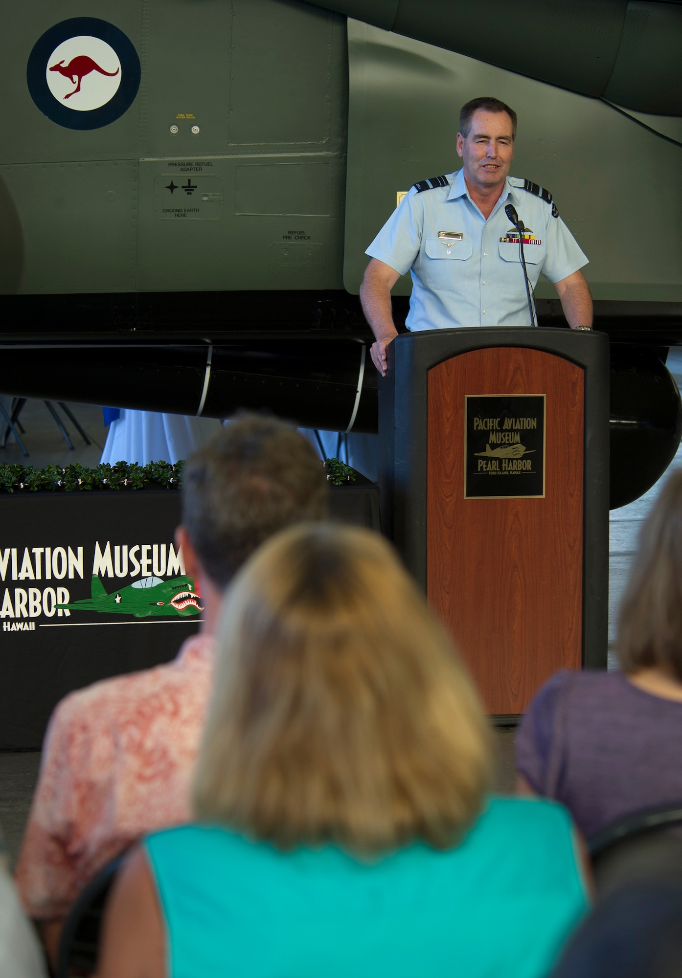 Air Marshal Geoffrey Brown, Royal Australian Air Force Chief of Air Force, addresses attendees at the F-111C dedication ceremony, at the Pacific Aviation Museum, Ford Island, Hawaii, Nov. 23, 2013. The aircraft was marked with Brown’s name, the plane’s former pilot who played a key role in the development and modernization of the F-111 fleet for the RAAF. Brown has more than 5,000 hours in military aircraft. Australia is one of the closest U.S. allies and the strategic importance of that relationship will only expand as Pacific Air Forces looks to the Royal Australian Air Force as a key partner in theater strategy and engagement planning. (U.S. Air Force photo/Tech Sgt. Jerome S. Tayborn/Released)