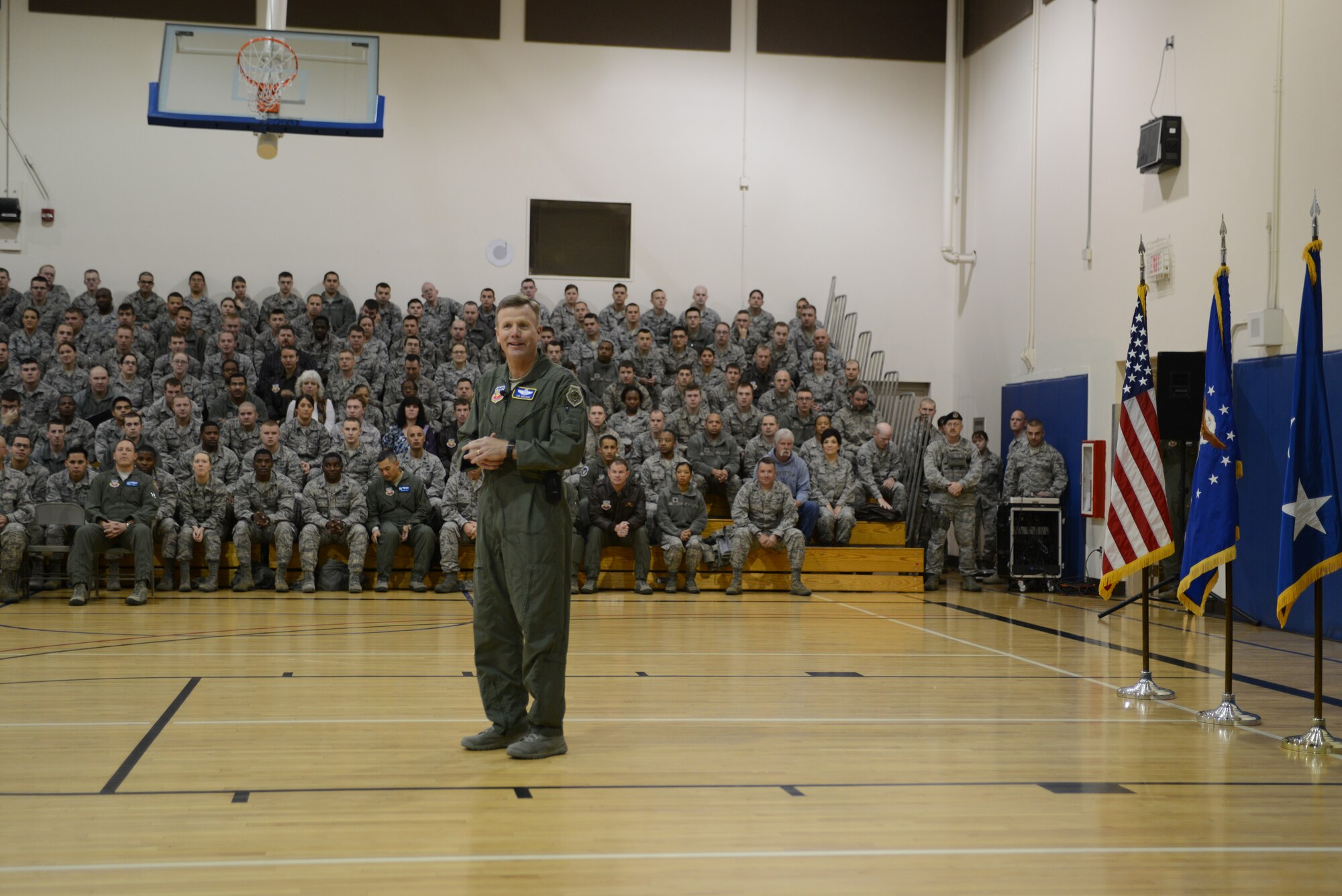 U.S. Air Force Lt. Gen. Tod Wolters, 12th Air Force (Air Forces Southern) commander, speaks at a Wing All-call Nov. 20, 2013, at Mountain Home Air Force Base, Idaho. General Wolters emphisized how important Airmen are to total mission success in front of more than 900 personnel. (U.S. Air Force photo by Senior Airman Benjamin Sutton/Released)