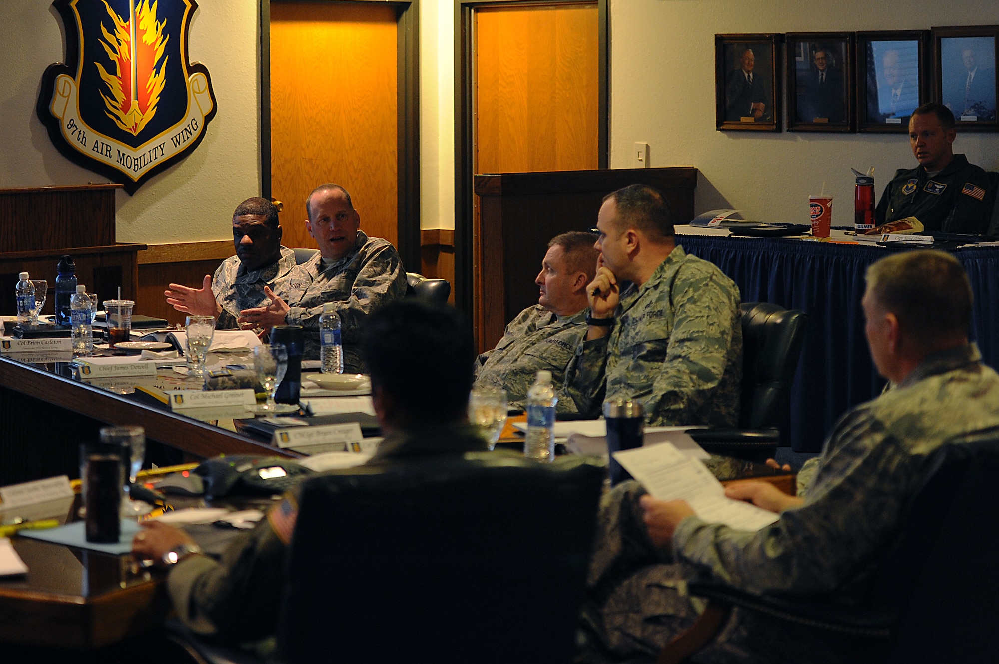 ALTUS AIR FORCE BASE, Okla. – Senior leaders from Altus AFB talk about cultivating Airmen leaders in the wing conference room Nov. 18, 2013. The 97th Air Mobility Wing commander, vice commander and command chief met with group commanders, superintendents and the director of staff to revise the Wing’s strategy plan. (U.S. Air Force photo by Airman 1st Class Klynne Pearl Serrano/Released)