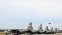 YOUNGSTOWN AIR RESERVE STATION, Ohio—A C-17 Globemaster III aircraft from the 446th Airlift Wing, Joint Base Lewis-McChord, Washington, approaches the flight strip beyond a line of 910th Airlift Wing C-130s here, Nov. 25, 2013. The C-17 arrived here to pick up 14 pallets of humanitarian cargo destined for Guatemala via the Denton Program, which provides military transportation for approved humanitarian assistance commodities destined for approved countries. Mission of Love, a charity based in Austintown, Ohio, collected the cargo. (U.S. Air Force photo/Eric White).