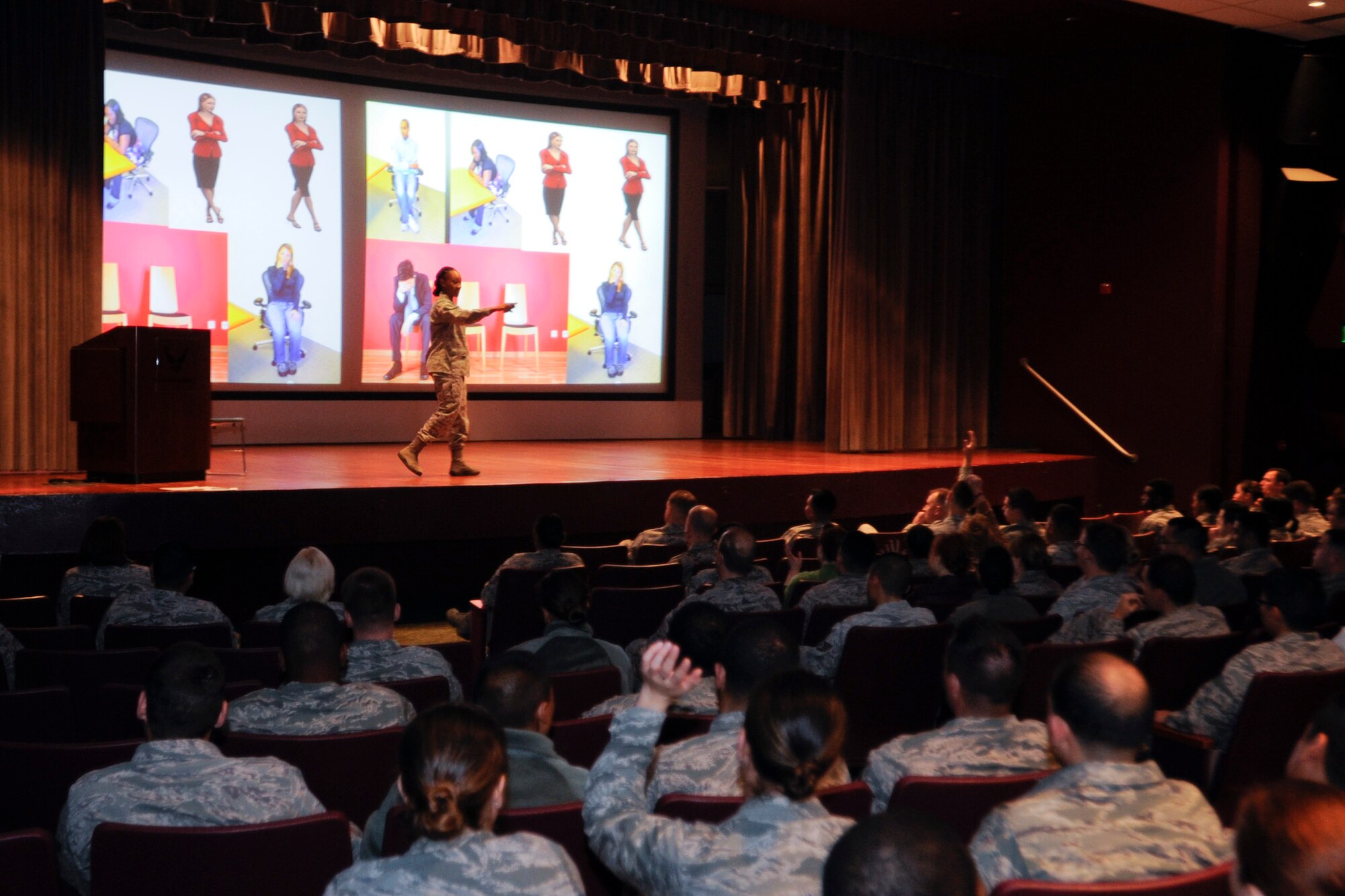 VANDENBERG AIR FORCE BASE, Calif. – Capt. Crystal McLeod, 30th Medical Operations Squadron family advocacy officer, speaks about how to read body language during Wingman Day here Nov. 19, 2013. The body language class was one of nine classes that Team V members had an option to attend, all focusing on part of the four pillars of comprehensive airmen fitness. (U.S. Air Force photo/ Airman 1st Class Yvonne Morales) 