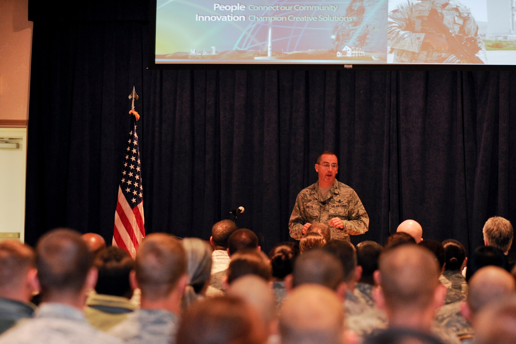 VANDENBERG AIR FORCE BASE, Calif. – Col. Keith Balts, 30th Space Wing commander speaks to Team V members during Wingman Day here Nov. 19, 2013. Balts stressed the importance of making a connection and learning about the resources that are available to further enhance their resiliency. (U.S. Air Force photo/ Airman 1st Class Yvonne Morales) 