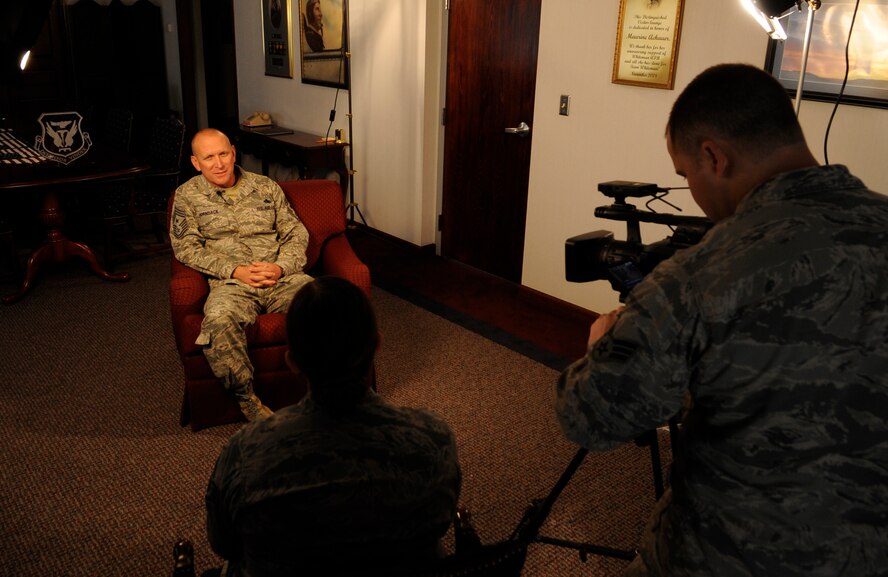 Chief Master Sgt. Brian Hornback, Air Force Global Strike Command command chief, finishes his tour Whiteman Air Force Base, Mo., with an interview with the 509th Bomb Wing Public Affairs Office, Nov. 13, 2013. Hornback said he started his farewell tour at Whiteman because this was where he started his command chief journey. (U.S. Air Force photo by Staff Sgt. Alexandra M. Boutte/Released)