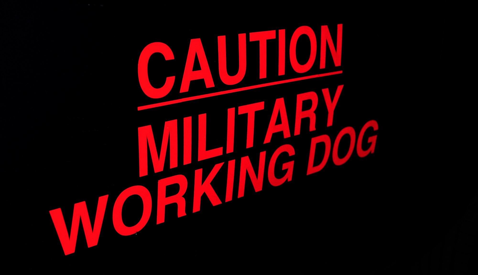 A vehicle warns individuals that there is a military working dog on duty on Hurlburt Field, Fla., Nov. 19, 2013. Military working dogs work days and nights. (U.S. Air Force photo by Senior Airman Krystal M. Garrett)