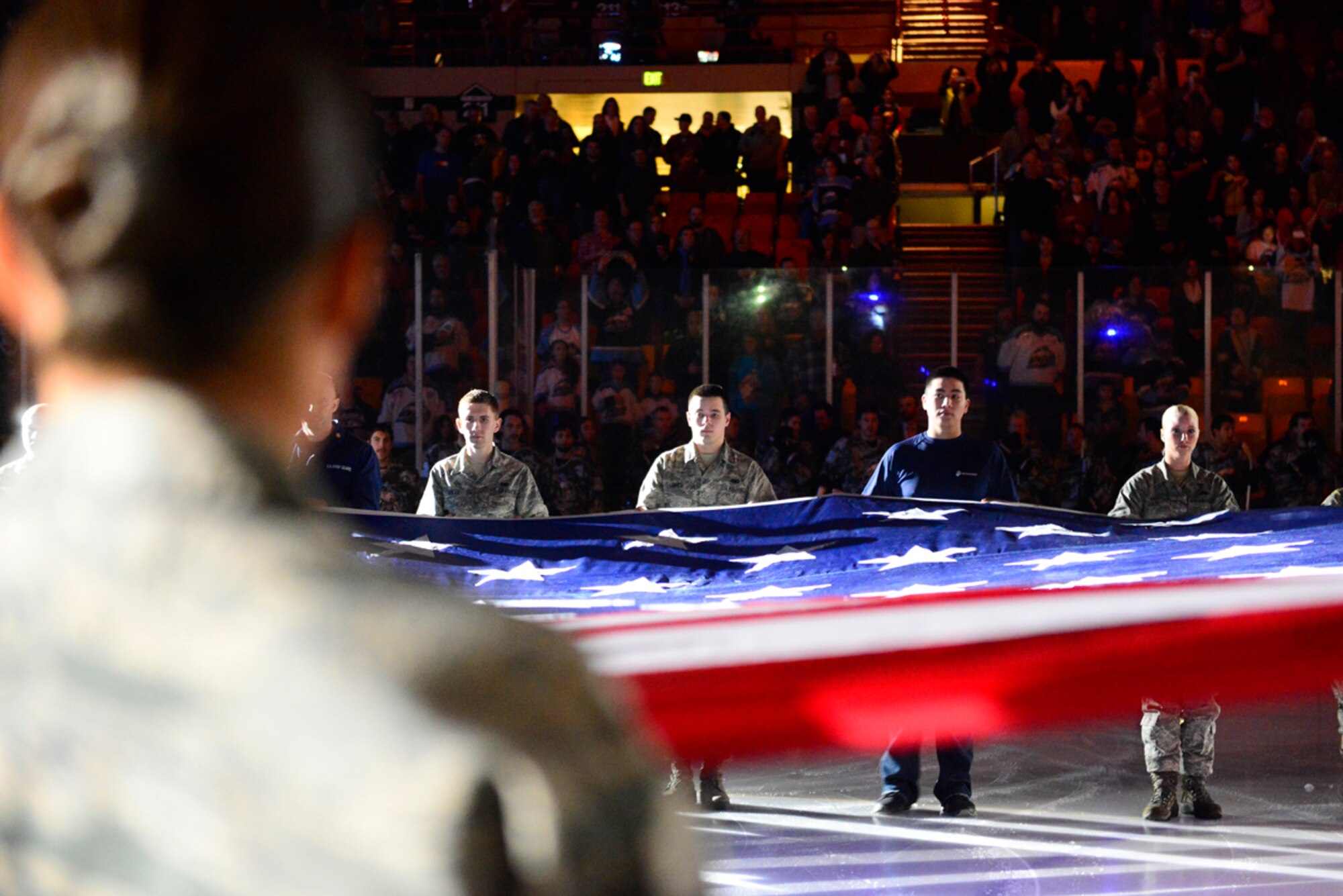 JOINT BASE ELMENDORF-RICHARDSON, Alaska -- Military members from Joint Base Elmendorf-Richardson, as well as new military recruits, display the United States flag during the playing of the national anthem before an Alaska Aces hockey game at Sullivan Arena in Anchorage Nov. 16. The Aces organization hosted Military Appreciation Nights during games Nov. 15 and 16. Activities included a ceremonial puck drop by Air Force Lt. Gen. Russell Handy, Alaska Command and 11th Air Force commander, a tug-of-war between members of various branches of service and a presentation of Aces jerseys to leaders of each branch of service represented at JBER. (U.S. Air Force photo/Airman 1st Class Carly Kavish)