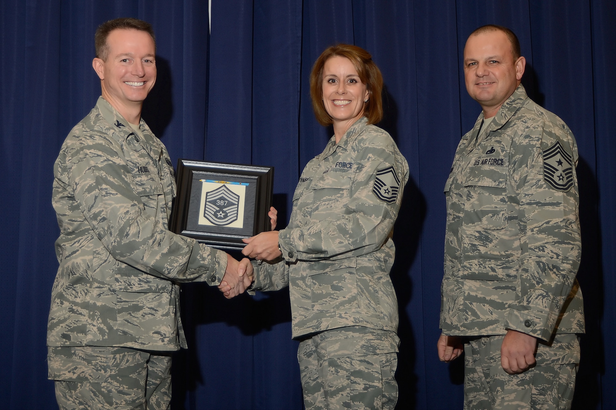 Senior Master Sgt. Dawn Kolczynski, 436th Aerospace Medical Squadron superintendent, receives her chief master sergeant promotion stripe from Col. Randall Huiss, 436th Airlift Wing vice commander, and Chief Master Sgt. James Smith, 436th AW command chief, Nov. 22, 2013, at The Landings on Dover Air Force Base, Del. Four senior master sergeants from Team Dover were selected. (U.S. Air Force photo/Greg L. Davis)