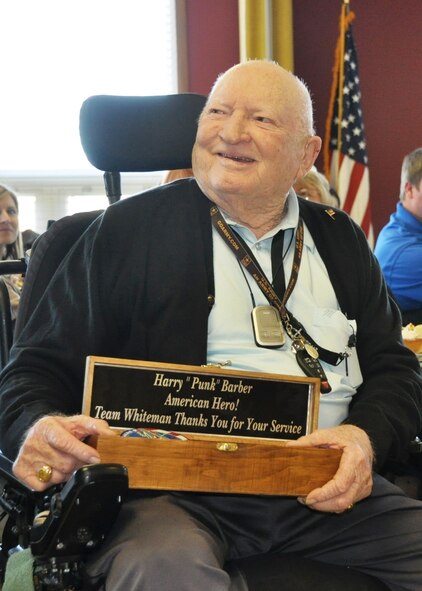 Staff Sergeant Harry “Punk” Barber, U.S. Army Air Corps (Ret) served as a B-24 gunner in WWII. He flew 13 missions, including one on D-Day, before his plane was shot down behind enemy lines in 1944 near Berlin, Germany. He spent 11 months as a P.O.W. before being liberated. (U.S. Air Force photo by 1st Lt. Jeff Kelly)