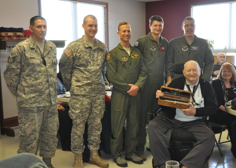 Staff Sergeant Harry “Punk” Barber, U.S. Army Air Corps (Ret) served as a B-24 gunner in WWII. He flew 13 missions, including one on D-Day, before his plane was shot down behind enemy lines in 1944 near Berlin, Germany. He spent 11 months as a P.O.W. before being liberated. (U.S. Air Force photo by 1st Lt. Jeff Kelly)