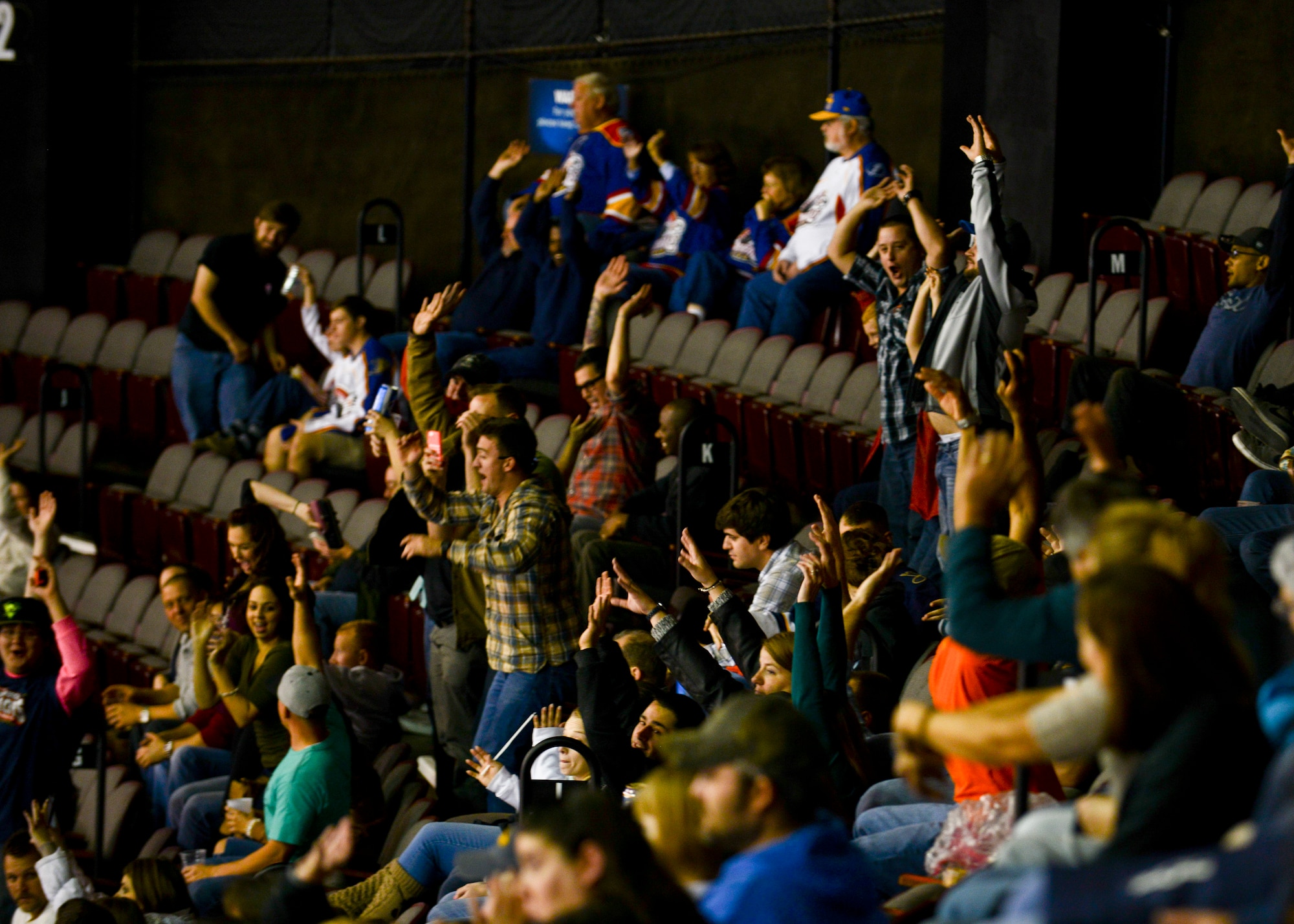 Fans in the crowd cheer on their team during the Norfolk Admirals Military Appreciation Night hockey game in Norfolk, Va., Nov. 22, 2013.  More than 4,000 people were in attendance at the event. (U.S. Air Force photo by Airman 1st Class Victoria H. Taylor/Released)