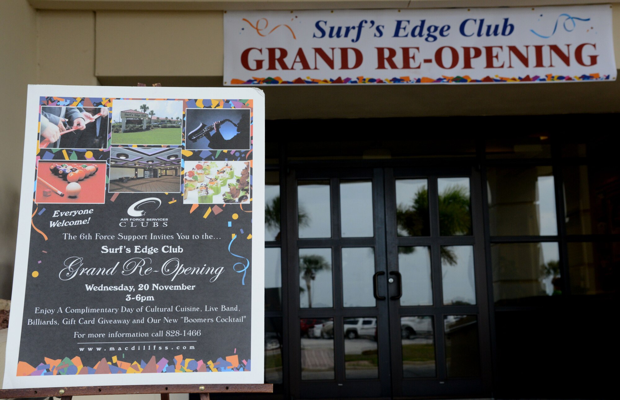 Surf’s Edge Club kicks off the grand re-opening celebration with a ribbon cutting ceremony, opening remarks and festivities, Nov. 20, 2013 at MacDill Air Force Base, Fla. The club had been closed five months for renovations. (U.S. Air Force photo by Senior Airman Jenay Randolph/Released)