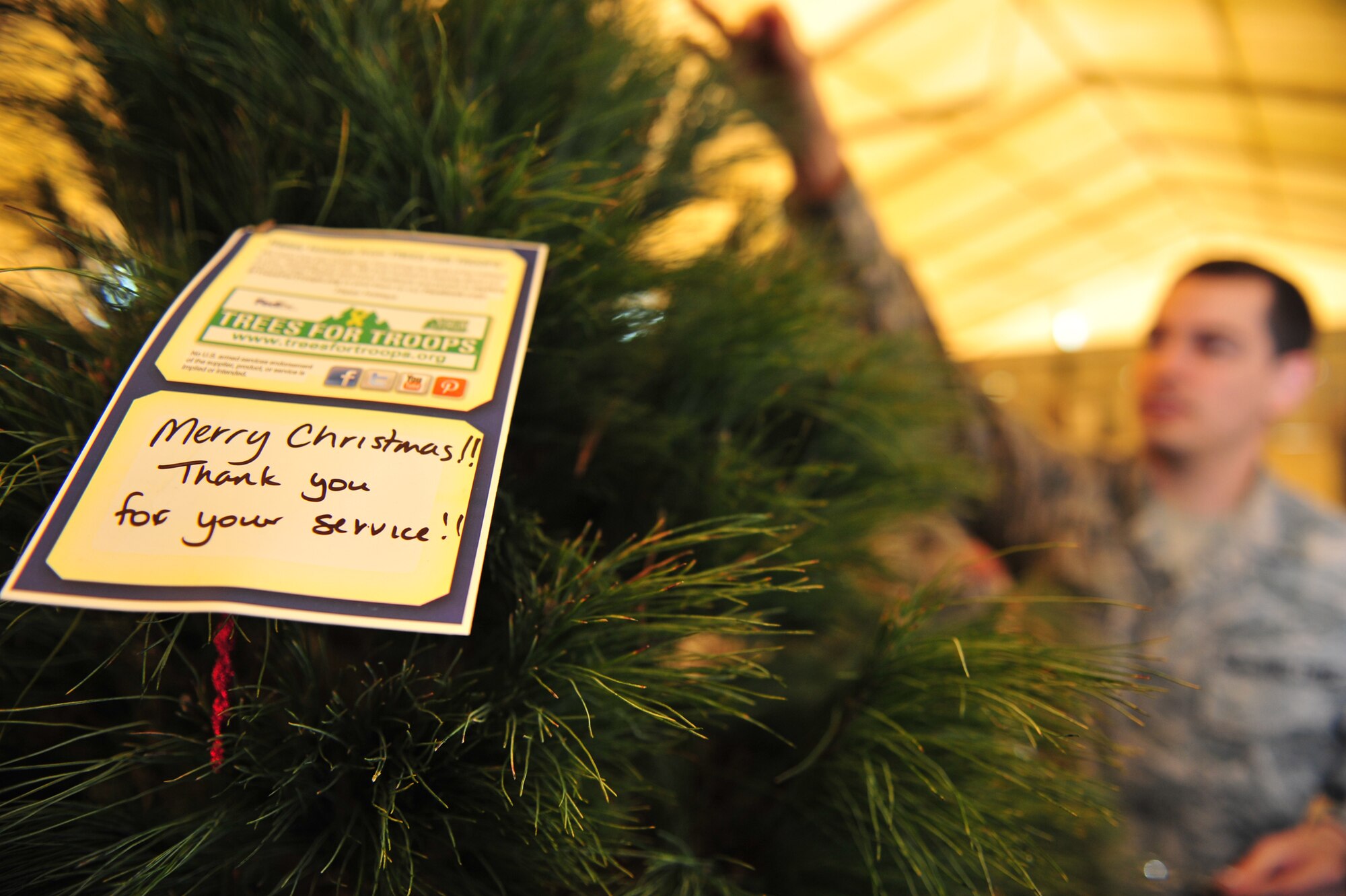 Airmen from the 380th Air Expeditionary Wing decorate a Christmas tree at an undisclosed location in Southwest Asia, Nov. 24, 2013.  The Trees for Troops program brought together FedEx and the Christmas SPIRIT Foundation to delivered 50 trees from Dull’s Tree Farm in Indiana to Airman here. (U.S. Air Force photo by Staff Sgt. Michael Means/Released)