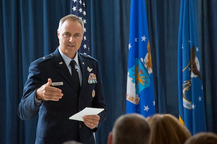 Air Force Brig. Gen. R. Scott Williams, the commander of the Air National Guard Readiness Center, discusses his goals during an assumption of command ceremony of the ANGRC from Lt. Gen. Harry M. Wyatt III, the director of the ANG, Aug. 7, 2012. The ANGRC ensures ANG field units are properly resourced to train and equip in support of the state and federal missions across the entire spectrum of military operations and provide support sustaining ANG Airmen throughout their careers.