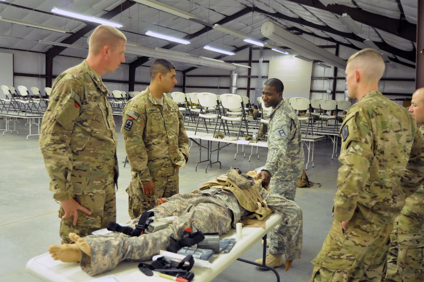 Army Staff Sgt. Trammelle Gibson, a medic with 2nd Battalion, 351st Regiment, 158th Infantry Brigade, goes over medical tasks with Hawaii Army National Guard Soldiers who are part of a Security Forces Advise and Assistance Team training at Camp Shelby Joint Forces Training Center, Miss., in preparation for deployment to Afghanistan. Soldiers from the Hawaii Army Guard and the Texas Army National Guard are the first from within the Army National Guard to deploy as part of an SFA AT.